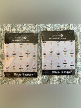 Celebrate It Halloween Backdrop with Black Bats and Pink & Yellow Flowers